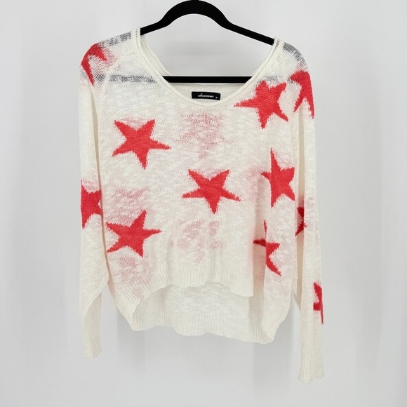 Womens Red Star Cropped Oversized Open Knit Slouchy Sweater Sheer White sz M y2k - Picture 2 of 8